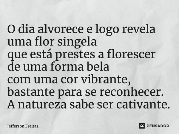 ⁠O dia alvorece e logo revela uma flor singela que está prestes a florescer de uma forma bela com uma cor vibrante, bastante para se reconhecer. A natureza sabe... Frase de Jefferson Freitas..