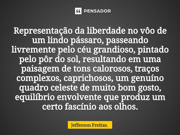 ⁠Representação da liberdade no vôo de um lindo pássaro, passeando livremente pelo céu grandioso, pintado pelo pôr do sol, resultando em uma paisagem de tons cal... Frase de Jefferson Freitas..