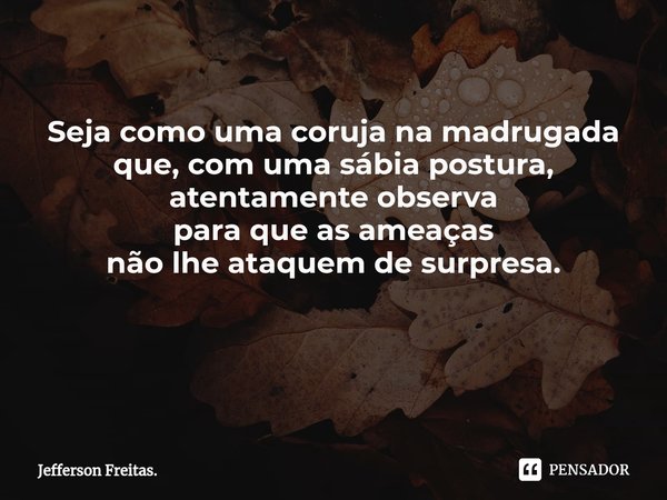 Seja como uma coruja na madrugada
que, com uma sábia postura,
atentamente observa
para que as ameaças
não lhe ataquem de surpresa. ⁠... Frase de Jefferson Freitas..