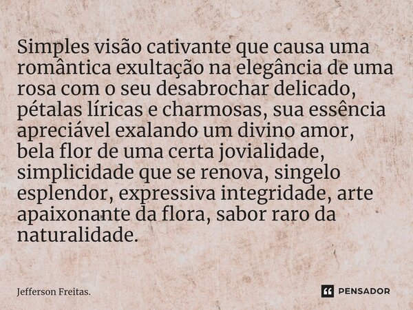 Simples visão cativante que causa uma ⁠romântica exultação na elegância de uma rosa com o seu desabrochar delicado, pétalas líricas e charmosas, sua essência ap... Frase de Jefferson Freitas..