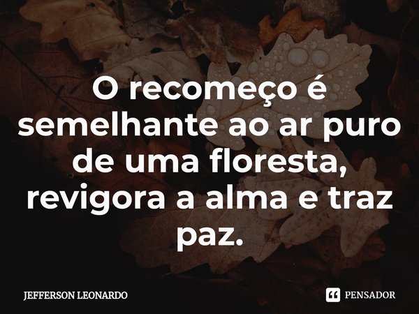⁠O recomeço é semelhante ao ar puro de uma floresta, revigora a alma e traz paz.... Frase de JEFFERSON LEONARDO.