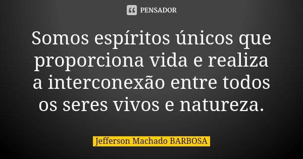 Somos espíritos únicos que proporciona vida e realiza a interconexão entre todos os seres vivos e natureza.... Frase de Jefferson Machado Barbosa.