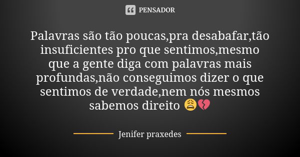 Palavras são tão poucas,pra desabafar,tão insuficientes pro que sentimos,mesmo que a gente diga com palavras mais profundas,não conseguimos dizer o que sentimos... Frase de Jenifer praxedes.