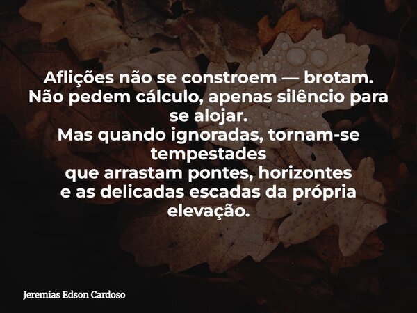 Aflições não se constroem — brotam. Não pedem cálculo, apenas silêncio para se alojar. Mas quando ignoradas, tornam-se tempestades que arrastam pontes, horizont... Frase de Jeremias Edson Cardoso.
