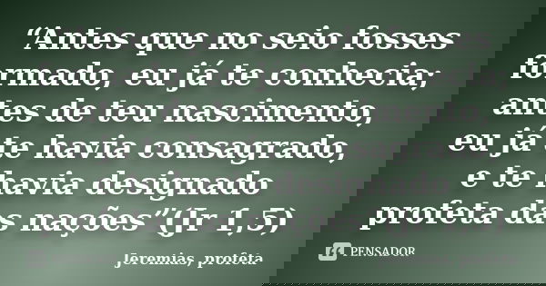 “Antes que no seio fosses formado, eu já te conhecia; antes de teu nascimento, eu já te havia consagrado, e te havia designado profeta das nações”(Jr 1,5)... Frase de Jeremias, profeta.