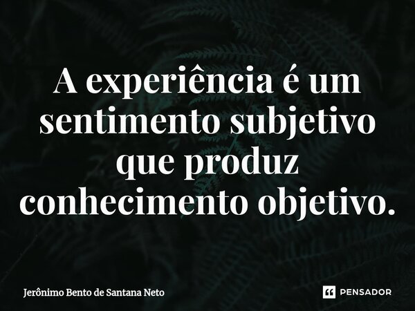 ⁠A experiência é um sentimento subjetivo que produz conhecimento objetivo.... Frase de Jerônimo Bento de Santana Neto.