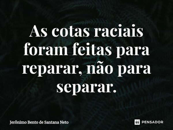 ⁠As cotas raciais foram feitas para reparar, não para separar.... Frase de Jerônimo Bento de Santana Neto.
