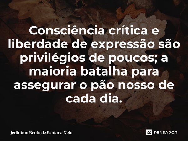 Consciência crítica e liberdade de expressão são privilégios de poucos; a maioria batalha para assegurar o pão nosso de cada dia.... Frase de Jerônimo Bento de Santana Neto.