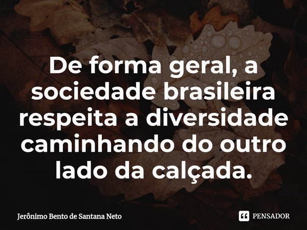 ⁠De forma geral, a sociedade brasileira respeita a diversidade caminhando do outro lado da calçada.... Frase de Jerônimo Bento de Santana Neto.
