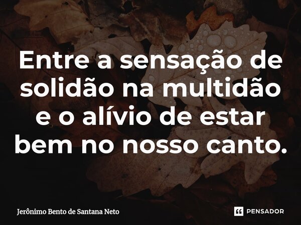 Entre a sensação de solidão na multidão e o alívio de estar bem no nosso canto.... Frase de Jerônimo Bento de Santana Neto.