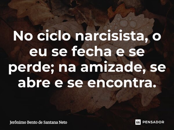 ⁠No ciclo narcisista, o eu se fecha e se perde; na amizade, se abre e se encontra.... Frase de Jerônimo Bento de Santana Neto.