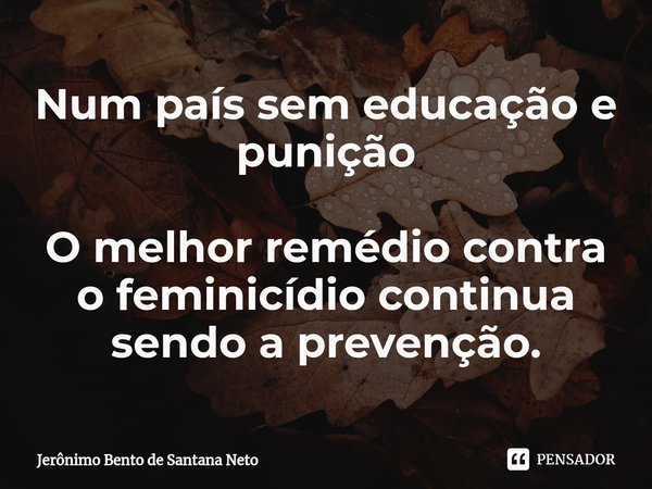 ⁠Num país sem educação e punição O melhor remédio contra o feminicídio continua sendo a prevenção.... Frase de Jerônimo Bento de Santana Neto.