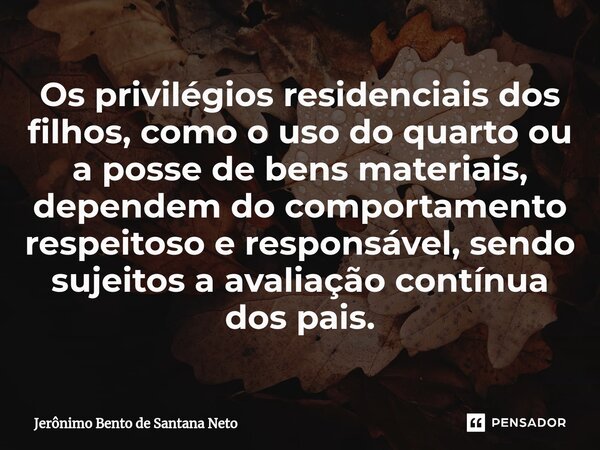 ⁠Os privilégios residenciais dos filhos, como o uso do quarto ou a posse de bens materiais, dependem do comportamento respeitoso e responsável, sendo sujeitos a... Frase de Jerônimo Bento de Santana Neto.