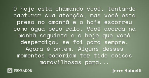 O hoje está chamando você, tentando capturar sua atenção, mas você está preso no amanhã e o hoje escorreu como água pelo ralo. Você acorda na manhã seguinte e o... Frase de Jerry Spinelli.