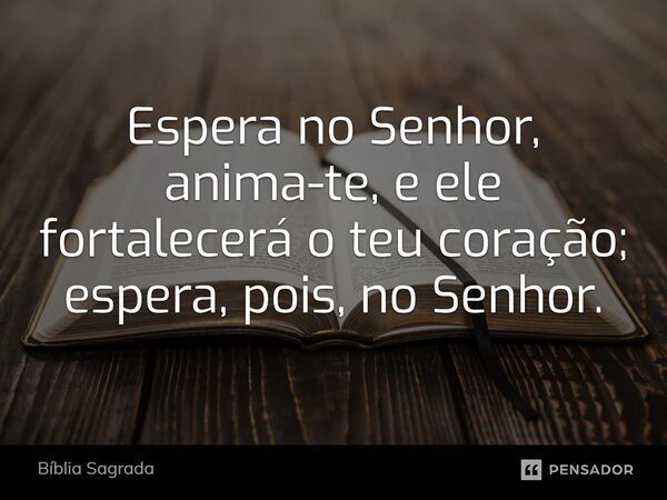 Espera no Senhor, anima-te, e ele fortalecerá o teu coração; espera, pois, no Senhor.... Frase de Bíblia Sagrada.