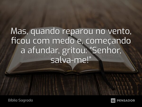 ⁠Mas, quando reparou no vento, ficou com medo e, começando a afundar, gritou: “Senhor, salva-me!”... Frase de Bíblia Sagrada.
