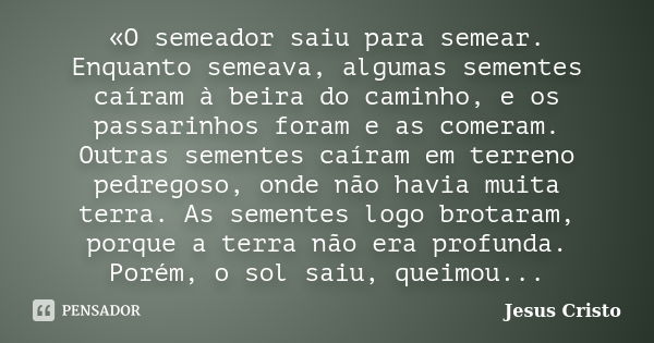 «O semeador saiu para semear. Enquanto semeava, algumas sementes caíram à beira do caminho, e os passarinhos foram e as comeram. Outras sementes caíram em terre... Frase de Jesus Cristo.