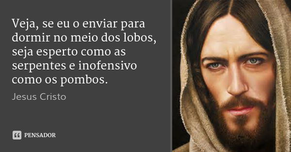 Veja, se eu o enviar para dormir no meio dos lobos, seja esperto como as serpentes e inofensivo como os pombos.... Frase de Jesus Cristo.