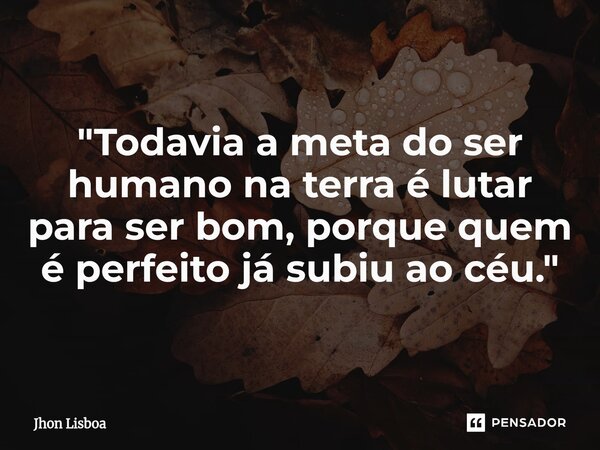 ⁠"Todavia a meta do ser humano na terra é lutar para ser bom, porque quem é perfeito já subiu ao céu."... Frase de Jhon Lisboa.