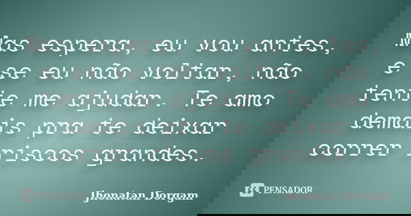 Mas espera, eu vou antes, e se eu não voltar, não tente me ajudar. Te amo demais pra te deixar correr riscos grandes.... Frase de Jhonatan Dorgam.