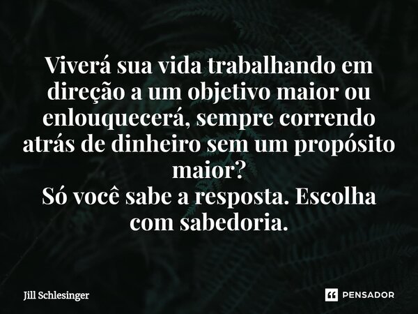 Viverá sua vida trabalhando em direção a um objetivo maior ou enlouquecerá, sempre correndo atrás de dinheiro sem um propósito maior? Só você sabe a resposta. E... Frase de Jill Schlesinger.