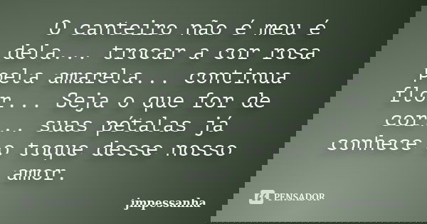 O canteiro não é meu é dela... trocar a cor rosa pela amarela... continua flor... Seja o que for de cor... suas pétalas já conhece o toque desse nosso amor.... Frase de jmpessanha.