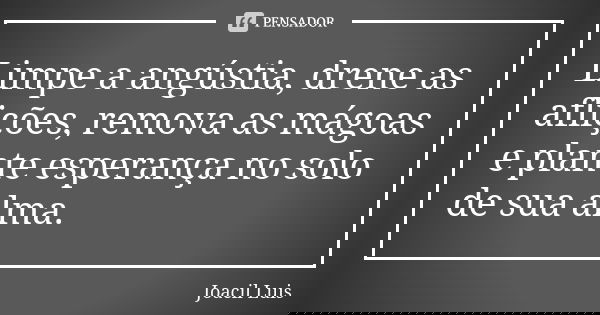 Limpe a angústia, drene as aflições, remova as mágoas e plante esperança no solo de sua alma.... Frase de Joacil Luis.