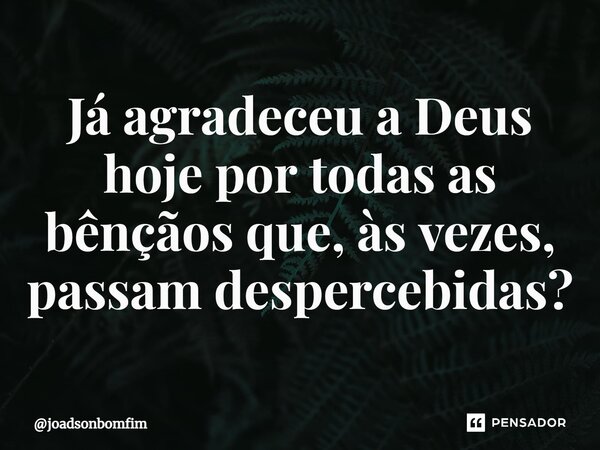 ⁠Já agradeceu a Deus hoje por todas as bênçãos que, às vezes, passam despercebidas?... Frase de joadsonbomfim.