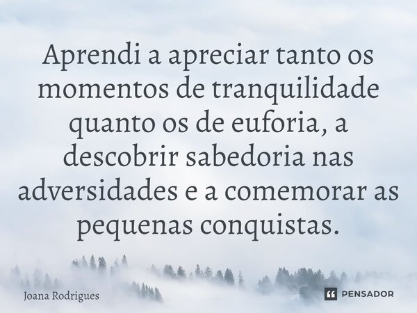 ⁠Aprendi a apreciar tanto os momentos de tranquilidade quanto os de euforia, a descobrir sabedoria nas adversidades e a comemorar as pequenas conquistas.... Frase de Joana Rodrigues.