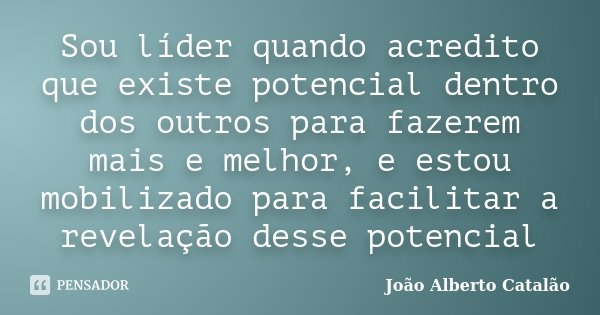 Sou líder quando acredito que existe potencial dentro dos outros para fazerem mais e melhor, e estou mobilizado para facilitar a revelação desse potencial... Frase de João Alberto Catalão.