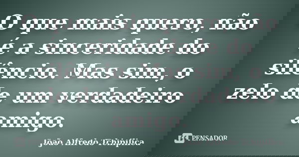 O que mais quero, não é a sinceridade do silêncio. Mas sim, o zelo de um verdadeiro amigo.... Frase de João Alfredo Tchipilica.