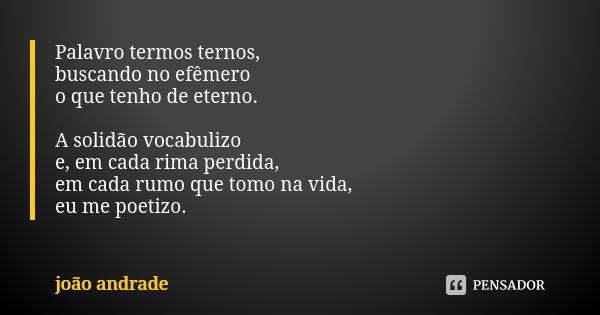 Palavro termos ternos, buscando no efêmero o que tenho de eterno. A solidão vocabulizo e, em cada rima perdida, em cada rumo que tomo na vida, eu me poetizo.... Frase de João Andrade.