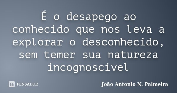 É o desapego ao conhecido que nos leva a explorar o desconhecido, sem temer sua natureza incognoscível... Frase de João Antonio N. Palmeira.