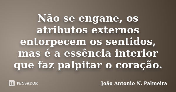 Não se engane, os atributos externos entorpecem os sentidos, mas é a essência interior que faz palpitar o coração.... Frase de João Antonio N. Palmeira.