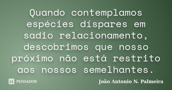 Quando contemplamos espécies díspares em sadio relacionamento, descobrimos que nosso próximo não está restrito aos nossos semelhantes.... Frase de João Antonio N. Palmeira.