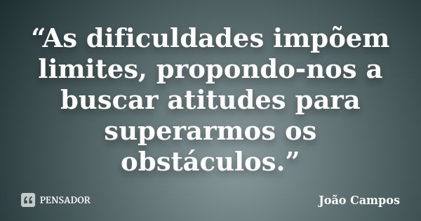 “As dificuldades impõem limites, propondo-nos a buscar atitudes para superarmos os obstáculos.”... Frase de João Campos.