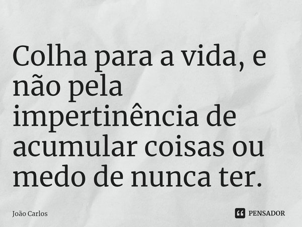 ⁠Colha para a vida, e não pela impertinência de acumular coisas ou medo de nunca ter.... Frase de Joao Carlos.