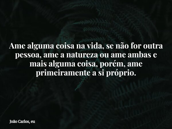 Ame alguma coisa na vida, se não for outra pessoa, ame a natureza ou ame ambas e mais alguma coisa, porém, ame primeiramente a si próprio.... Frase de João Carlos, eu.