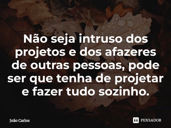 ⁠Não seja intruso dos projetos e dos afazeres de outras pessoas, pode ser que tenha de projetar e fazer tudo sozinho.... Frase de Joao Carlos.