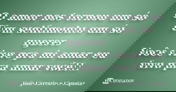 O amor nos tornou um só Um sentimento um só querer Você vive pra mi amar eu vivo pra amar você!!... Frase de João Carreiro e Capataz.