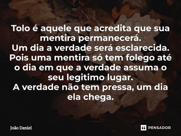 ⁠⁠Tolo é aquele que acredita que sua mentira permanecerá. Um dia a verdade será esclarecida. Pois uma mentira só tem folego até o dia em que a verdade assuma o ... Frase de João Daniel.