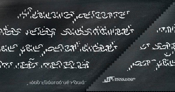 A loucura percorre minhas veias, substituindo o sangue que perdi lutado por quem não merecia.... Frase de Joao Eduardo de Paula.
