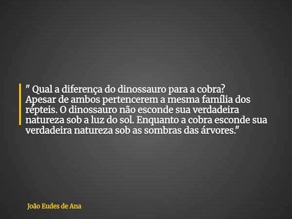 " Qual a diferença do dinossauro para a cobra? Apesar de ambos pertencerem a mesma família dos répteis. O dinossauro não esconde sua verdadeira natureza so... Frase de João Eudes de Ana.
