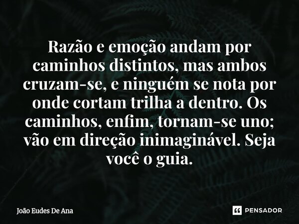 ⁠⁠Razão e emoção andam por caminhos distintos, mas ambos cruzam-se, e ninguém se nota por onde cortam trilha a dentro. Os caminhos, enfim, tornam-se uno; vão em... Frase de João Eudes De Ana.