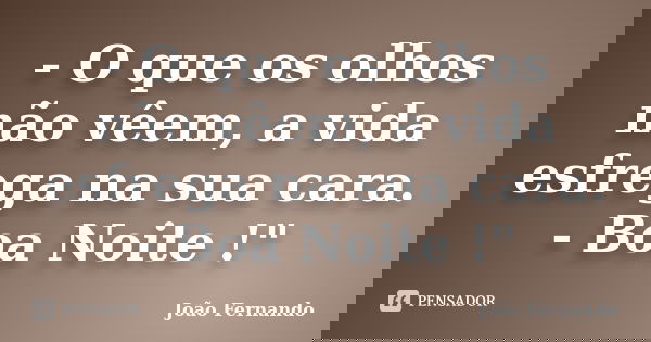 - O que os olhos não vêem, a vida esfrega na sua cara. - Boa Noite !"... Frase de joao Fernando.