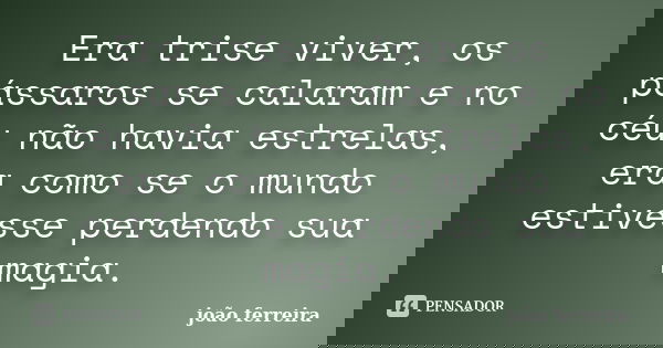Era trise viver, os pássaros se calaram e no céu não havia estrelas, era como se o mundo estivesse perdendo sua magia.... Frase de João Ferreira.