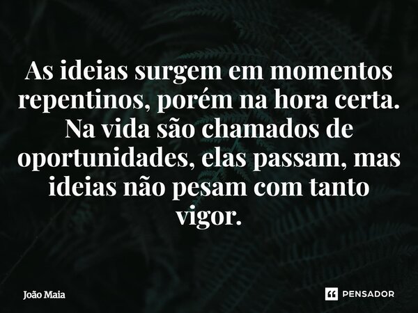 As ideias surgem em momentos repentinos, porém na hora certa. Na vida são chamados de oportunidades, elas passam, mas ideias não pesam com tanto vigor.... Frase de João Maia.