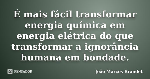 É mais fácil transformar energia química em energia elétrica do que transformar a ignorância humana em bondade.... Frase de João Marcos Brandet.