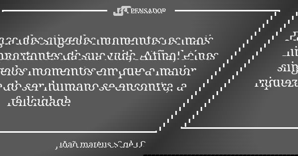 Faça dos singelos momentos os mais importantes da sua vida, Afinal, é nos singelos momentos em que a maior riqueza do ser humano se encontra, a felicidade.... Frase de João mateus S. de O..