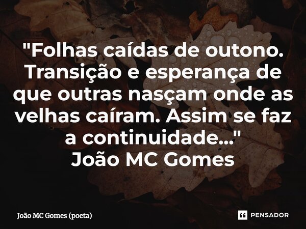 ⁠"Folhas caídas de outono. Transição e esperança de que outras nasçam onde as velhas caíram. Assim se faz a continuidade..." João MC Gomes... Frase de João MC Gomes (poeta).